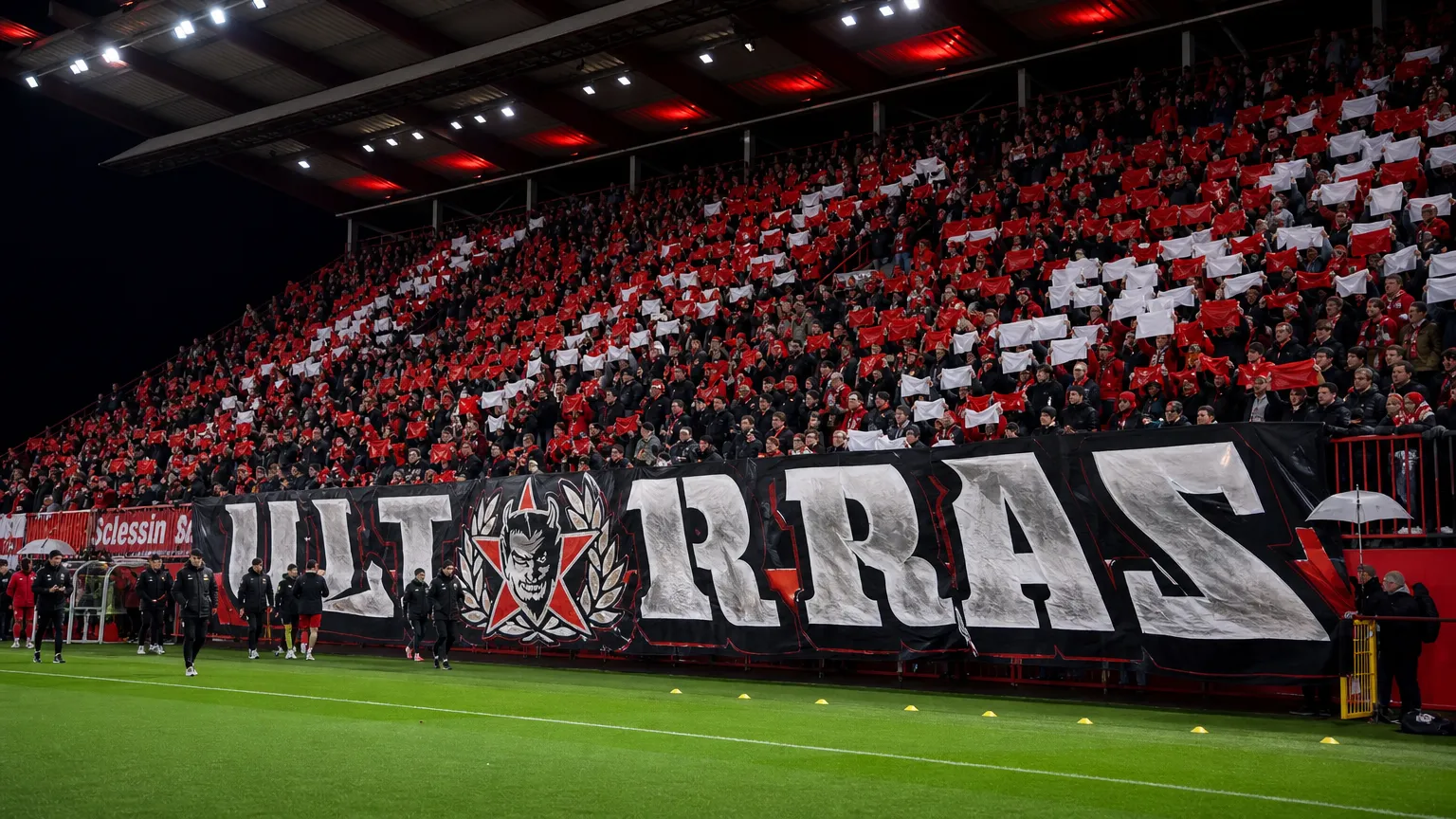 Een groep Standard-supporters in een tribune van Sclessin voor de wedstrijd.