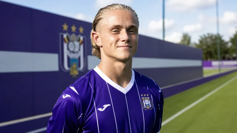 Thelo Aasgaard in het shirt van RSC Anderlecht aan de rand van het veld.