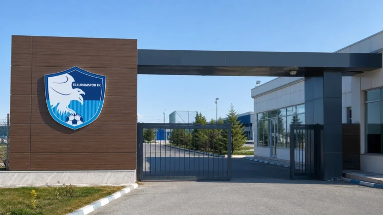 Lege ingang van het clubcomplex van Erzurumspor FK met het clubembleem op de gevelsignalisatie.