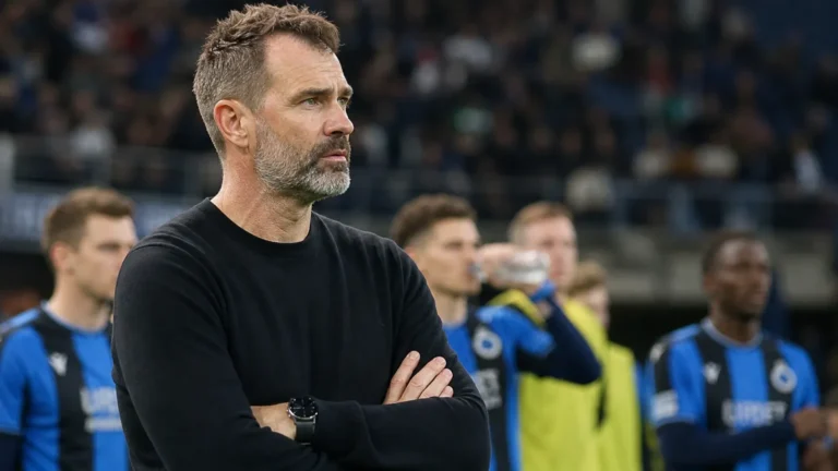 Een coach of staflid in donkere trui kijkt vanaf de zijlijn naar spelers.