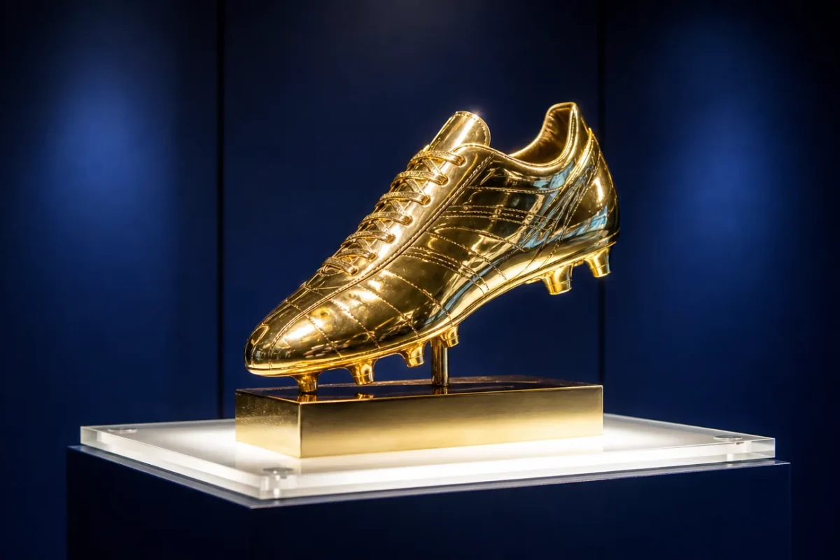 Gouden Schoen-trofee op een verlicht voetstuk