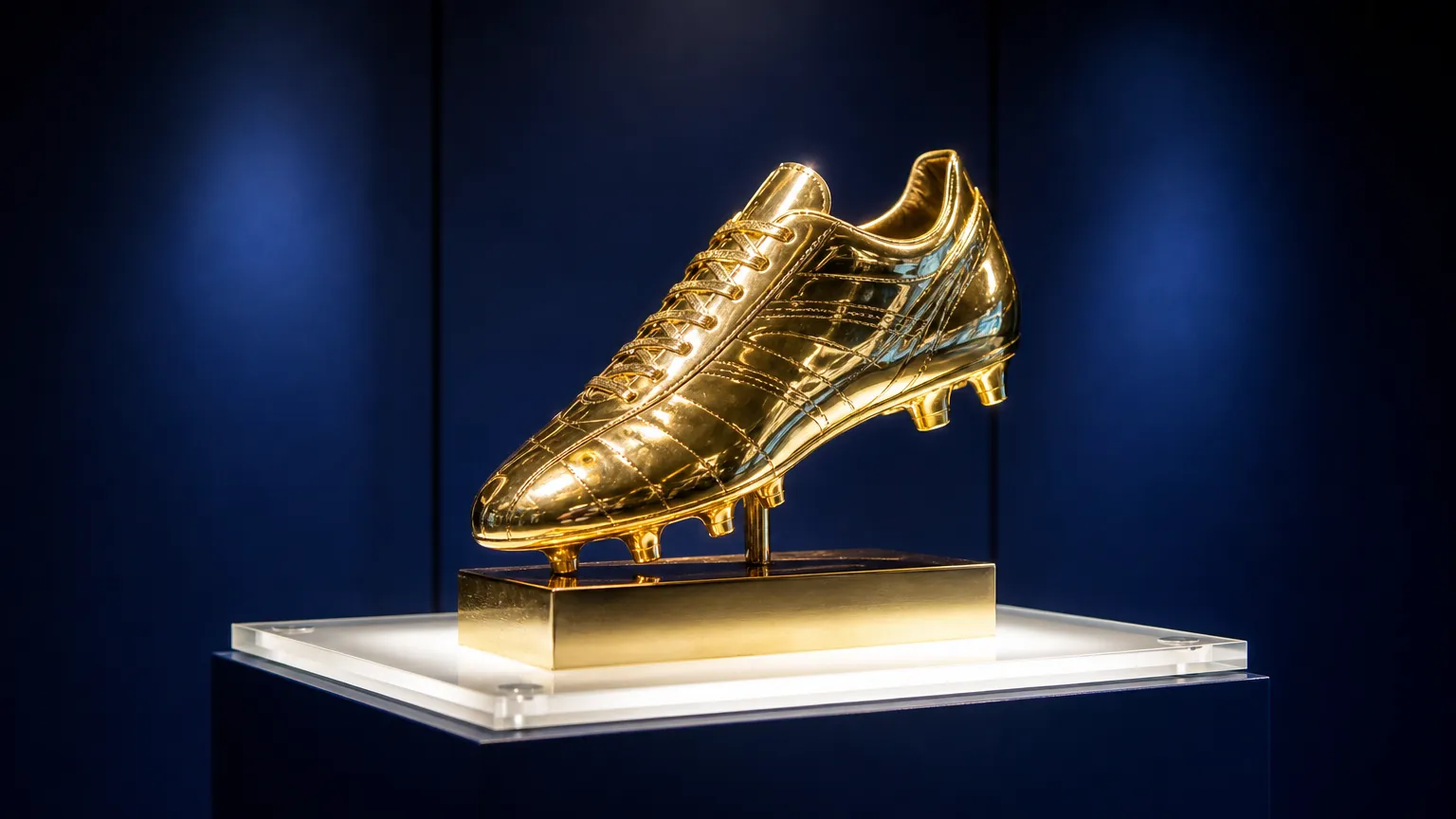 Gouden Schoen-trofee op een verlicht voetstuk