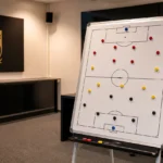 Lege videoanalysekamer van de Belgische nationale ploeg met een tactiekbord en een wandplaat met het nationale embleem.