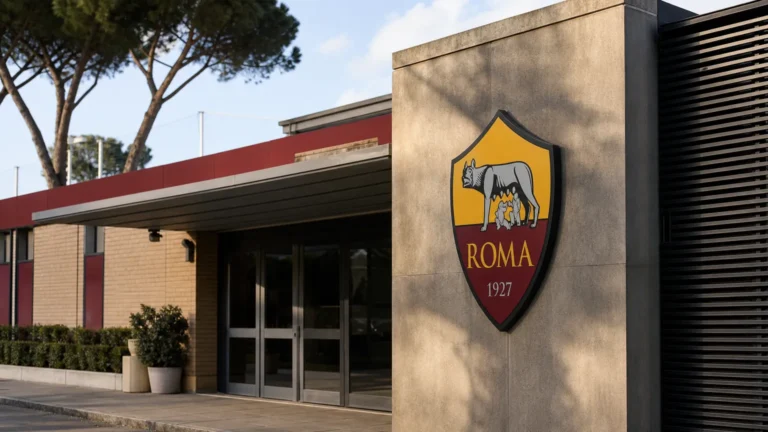 De gevel van een AS Roma-clubgebouw met een fysiek geïntegreerd clubembleem.