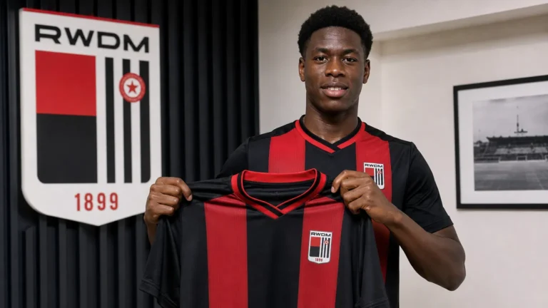Sacha Marloye toont tijdens een officiële clubpresentatie het shirt van RWDM.