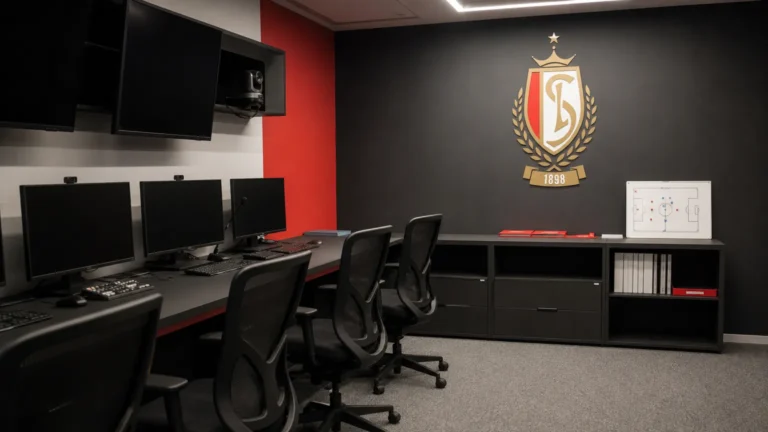 Lege videoanalyseruimte van Standard met een clubembleem aan de wand.