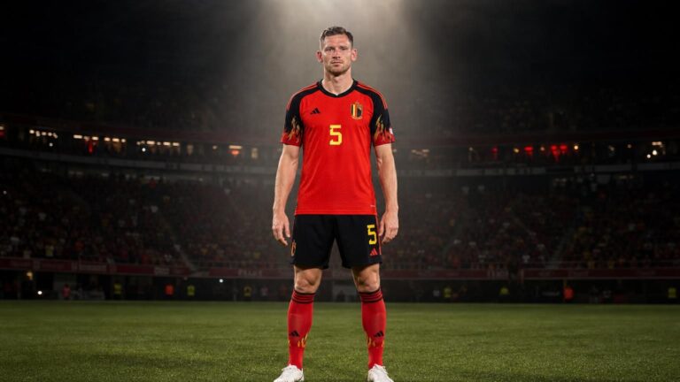Jan Vertonghen in het tenue van de Rode Duivels onder één krachtige stadionspot