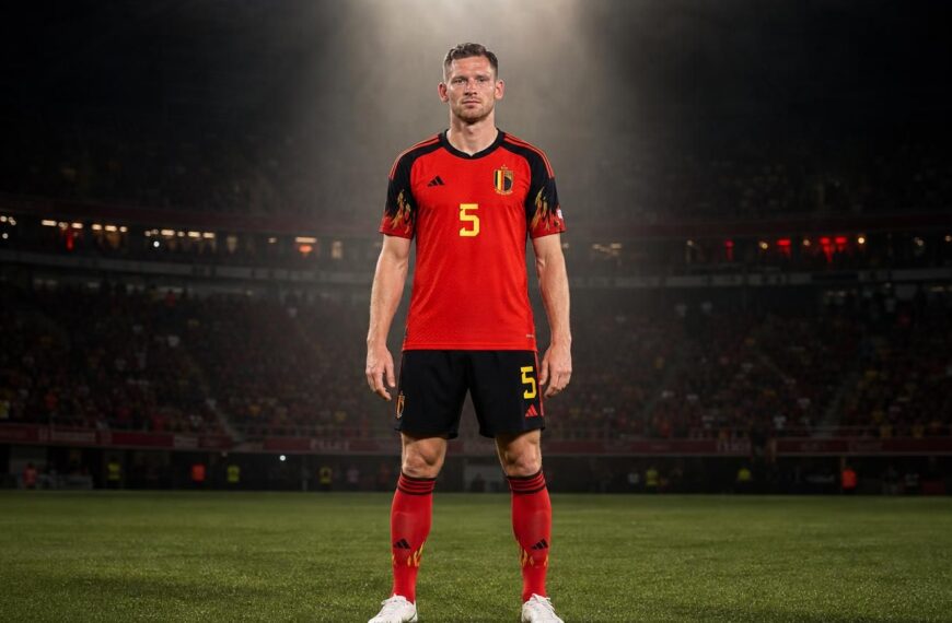 Jan Vertonghen in het tenue van de Rode Duivels onder één krachtige stadionspot