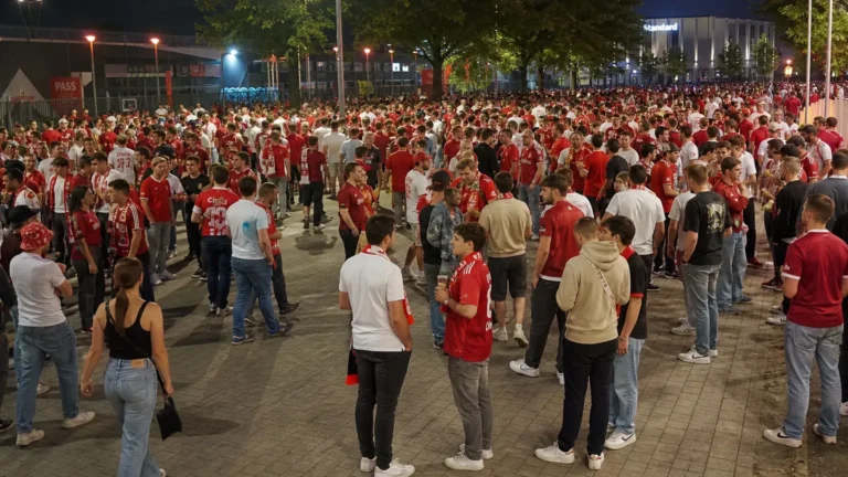 Een grote groep bezoekende supporters verzamelt zich buiten Sclessin voor een avondwedstrijd.