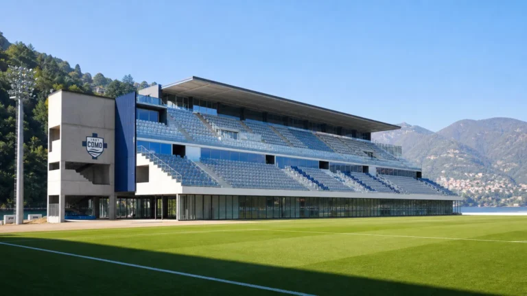 Lege nieuwe tribune in het Stadio Giuseppe Sinigaglia met een vast Como-clubembleem.