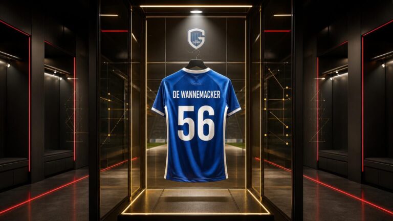 Genk-shirt met naam De Wannemacker en rugnummer 56 in een futuristisch TalentLab.