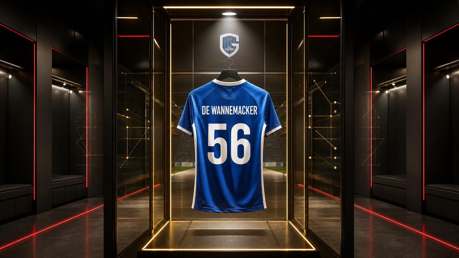 Genk-shirt met naam De Wannemacker en rugnummer 56 in een futuristisch TalentLab.