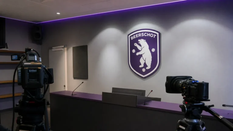 Lege mediaruimte van Beerschot met camera-apparatuur en een vast clubembleem aan de wand.
