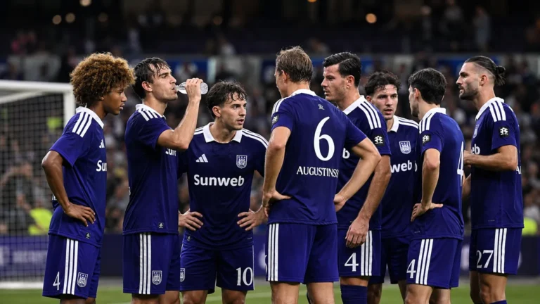 Een groep voetballers in paarse tenues overlegt op het veld na een wedstrijd.