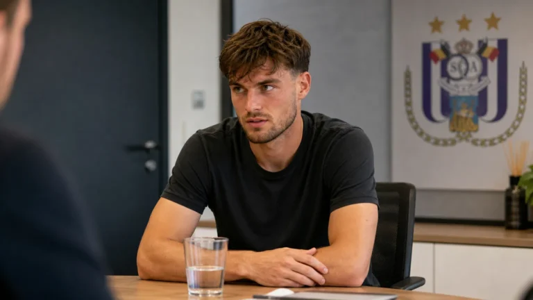 Olivier Deman zit aan een vergadertafel in een neutrale ruimte met een discreet Anderlecht-wanddetail.