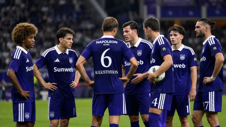 Een groep Anderlecht-spelers in paarse wedstrijdtenues verzamelt zich op het veld.