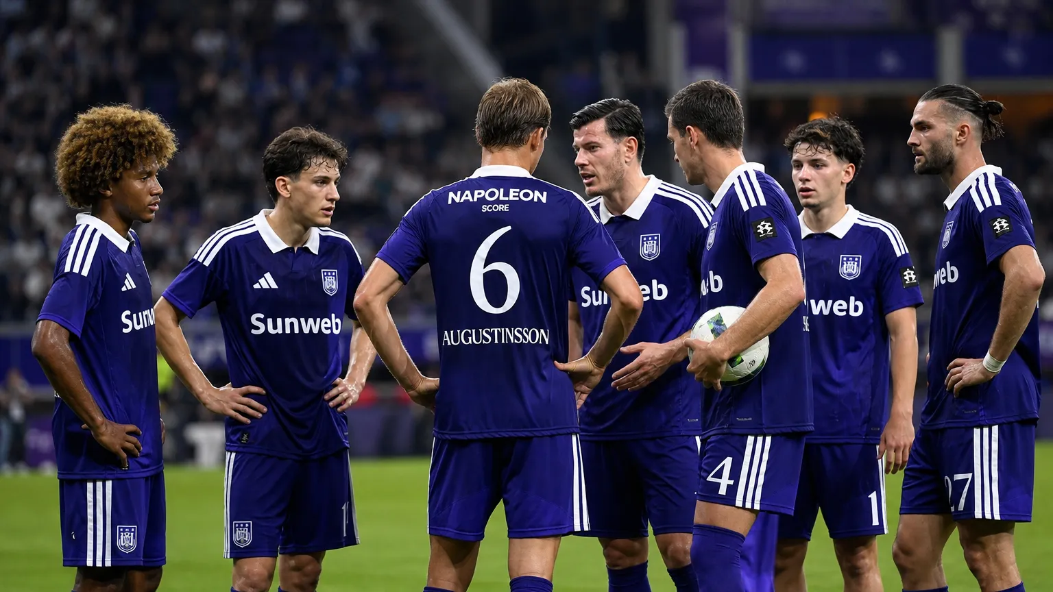 Een groep Anderlecht-spelers in paarse wedstrijdtenues verzamelt zich op het veld.