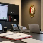 Operationele transferwerkruimte van Standard met een clubembleem aan de wand.