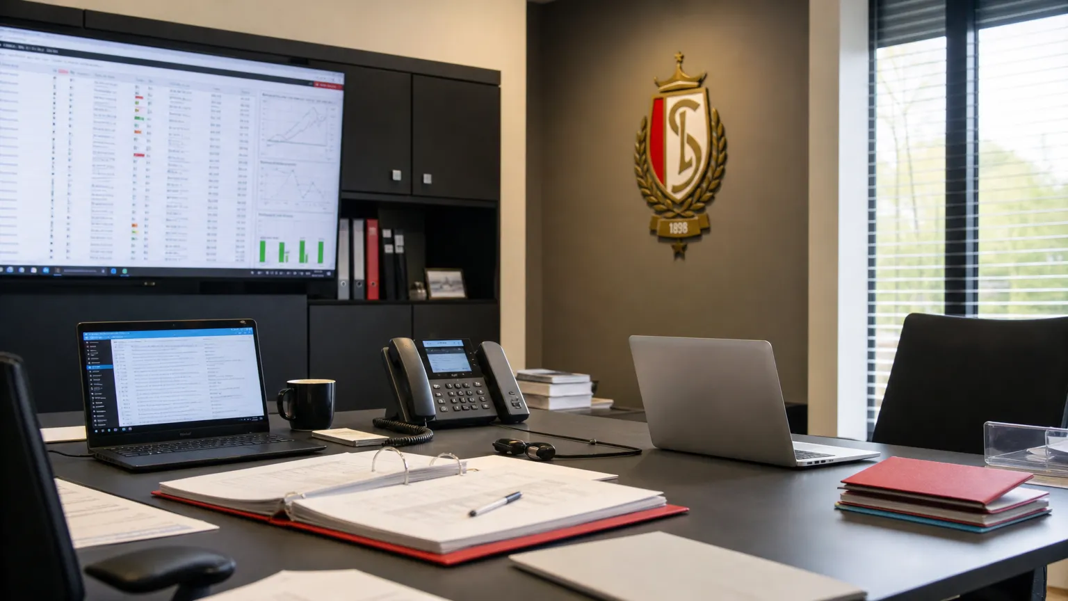 Operationele transferwerkruimte van Standard met een clubembleem aan de wand.