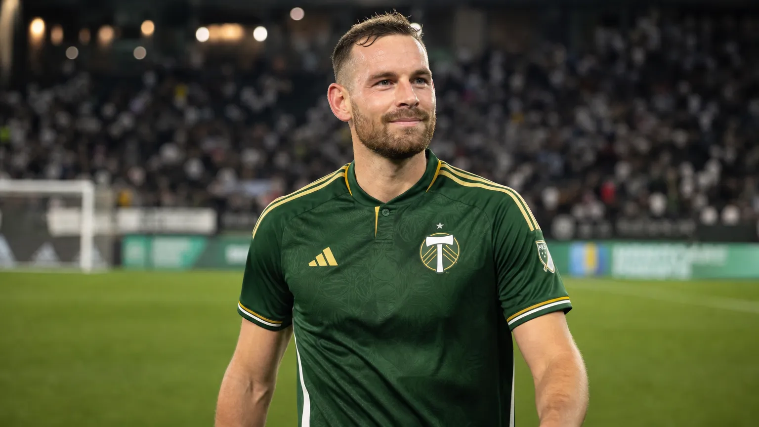 Vincent Janssen in het tenue van Portland Timbers op het veld na een MLS-wedstrijd.