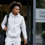 Malick Fofana in neutrale sportkleding bij de uitgang van een medische kliniek.
