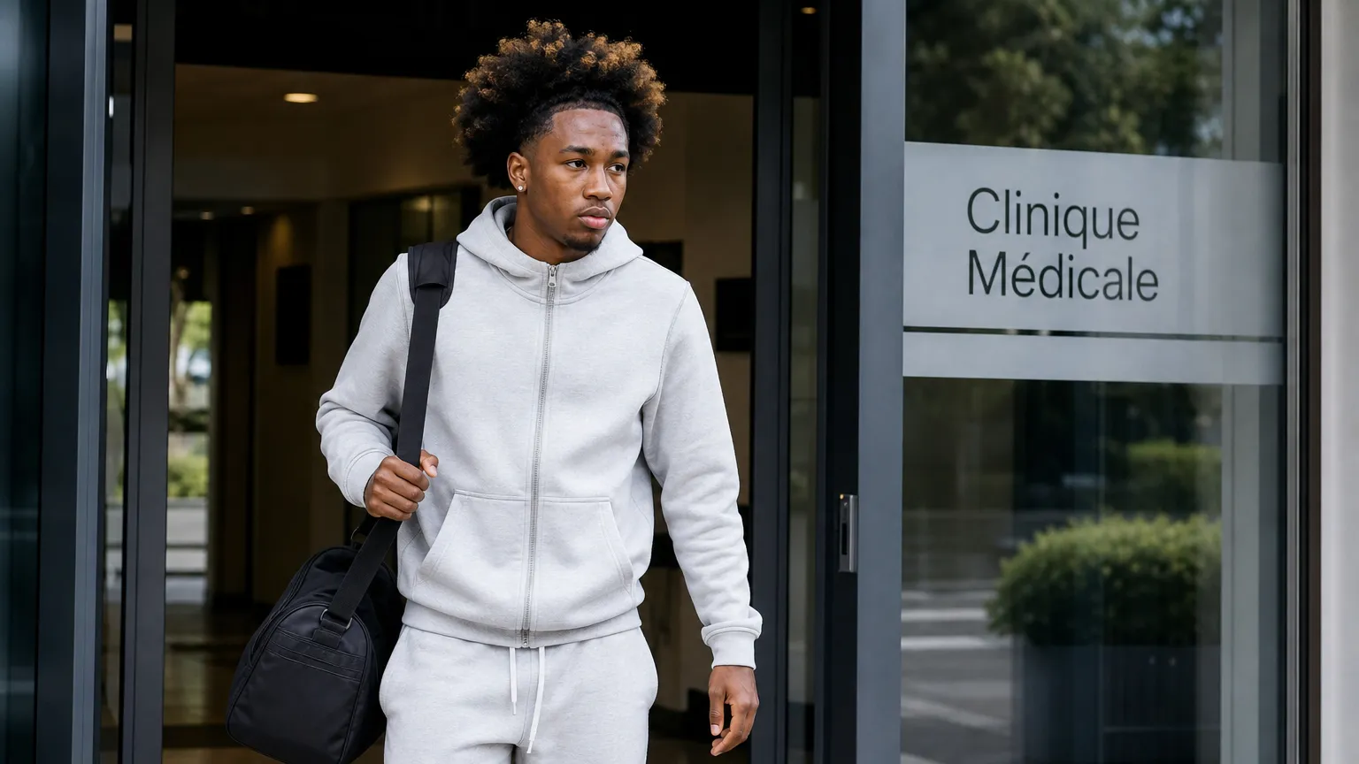 Malick Fofana in neutrale sportkleding bij de uitgang van een medische kliniek.