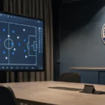 Leeg videoanalyselokaal van KAA Gent met een tactisch scherm en een clubembleem aan de muur.