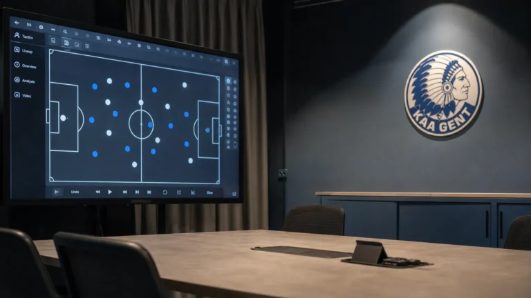 Leeg videoanalyselokaal van KAA Gent met een tactisch scherm en een clubembleem aan de muur.