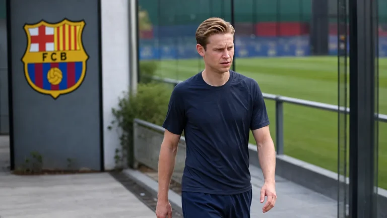 Frenkie de Jong loopt alleen van het trainingsveld van FC Barcelona.