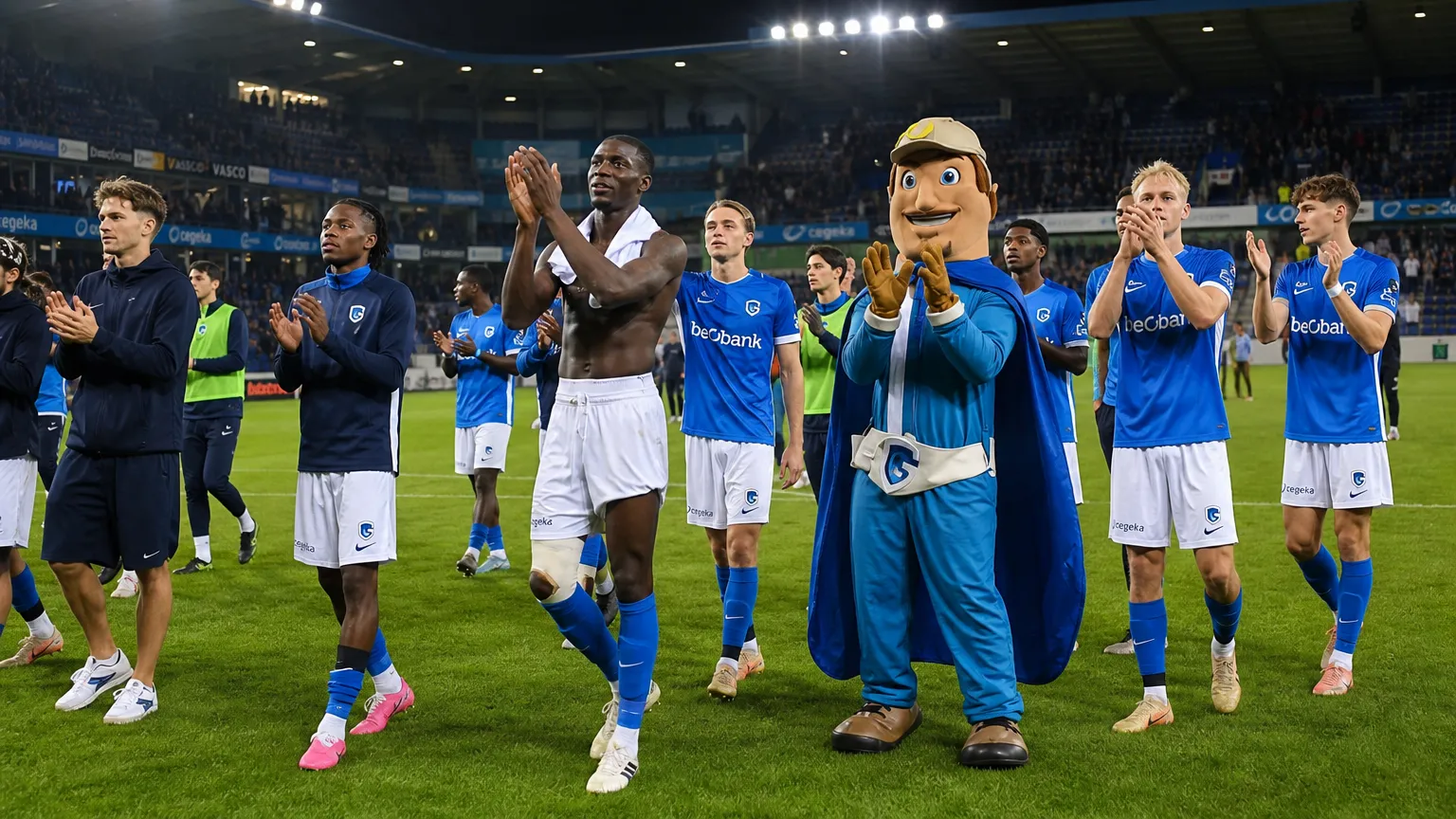 Een groep voetballers in blauwe shirts en een mascotte applaudisseren op een verlicht veld.