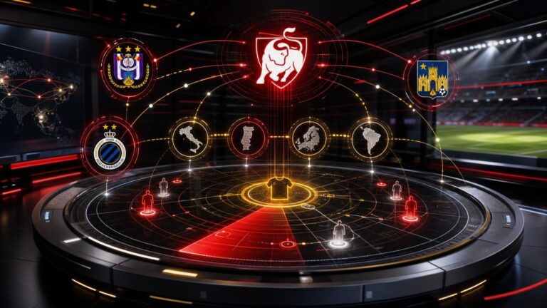 Transferradartafel met het JPL-logo en de emblemen van Anderlecht, Club Brugge en Westerlo.