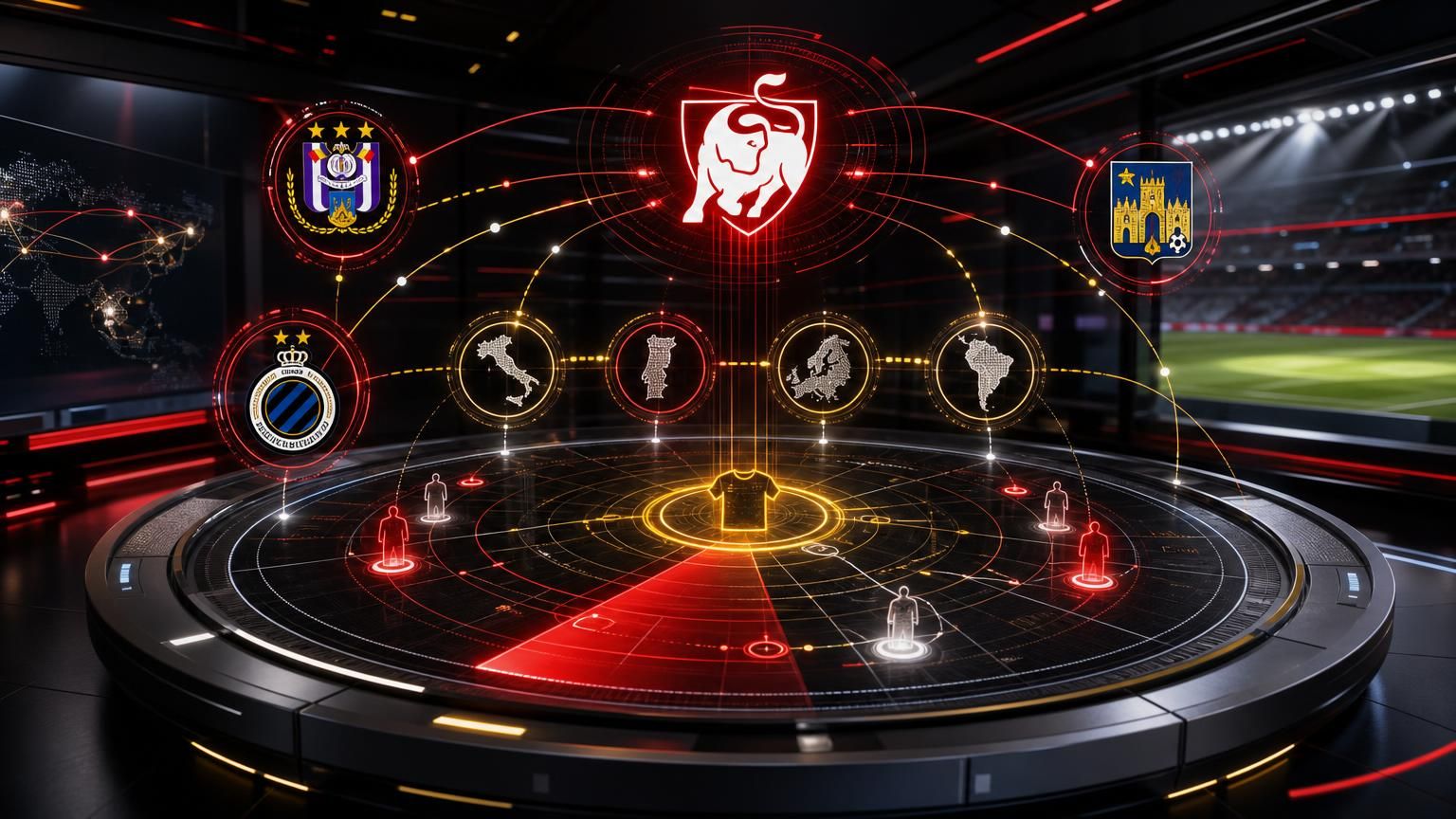 Transferradartafel met het JPL-logo en de emblemen van Anderlecht, Club Brugge en Westerlo.