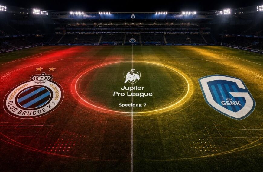 Club Brugge en KRC Genk tegenover elkaar in een donker stadion met rood-gele wedstrijdscan