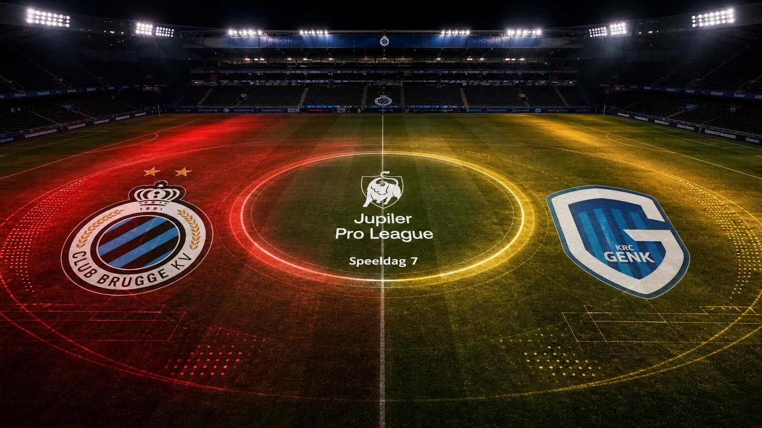 Club Brugge en KRC Genk tegenover elkaar in een donker stadion met rood-gele wedstrijdscan