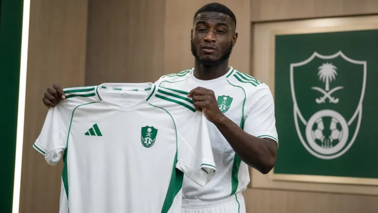 Ibrahima Diaby poseert tijdens een officiële Al-Ahli-shirtpresentatie.