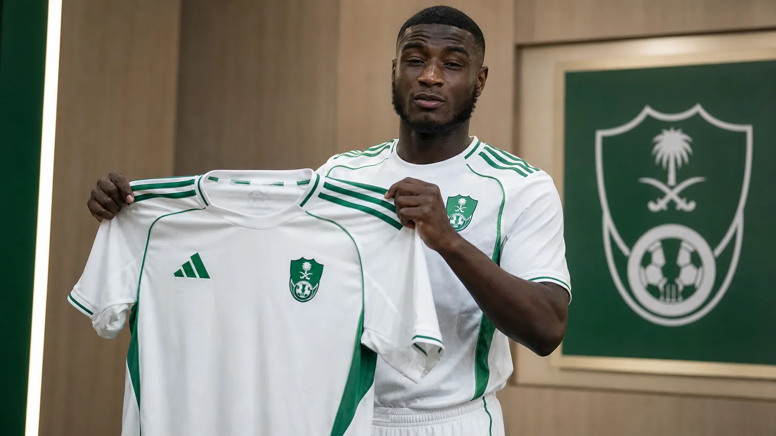 Ibrahima Diaby poseert tijdens een officiële Al-Ahli-shirtpresentatie.
