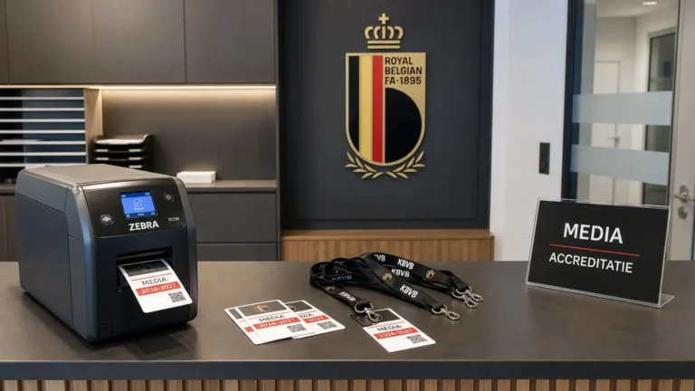 Operationele media-accreditatiebalie met een KBVB-embleem op een wandpaneel.