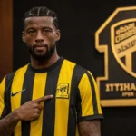 Georginio Wijnaldum poseert tijdens zijn officiële voorstelling bij Al Ittihad in clubtenue.