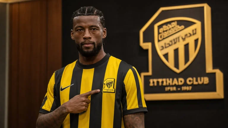 Georginio Wijnaldum poseert tijdens zijn officiële voorstelling bij Al Ittihad in clubtenue.