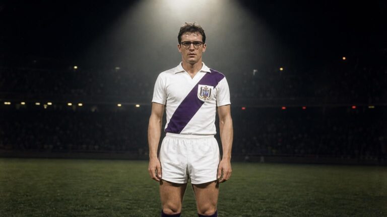 Jef Jurion in Anderlecht-tenue van 1962 onder één krachtige stadionspot