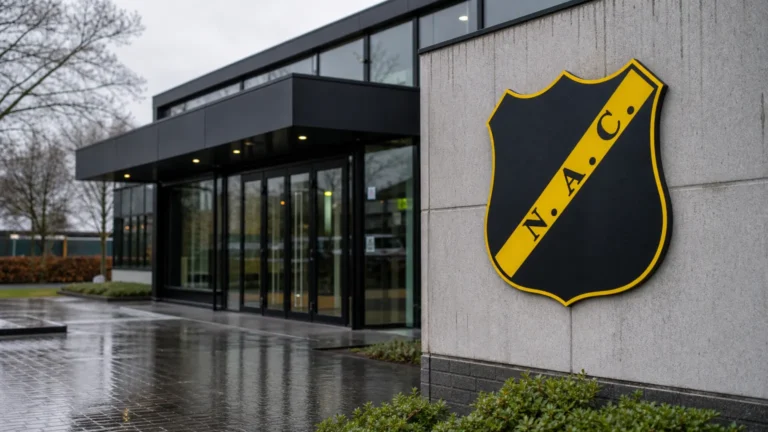 Het NAC Breda-clubembleem op een vaste gevelplaat aan een lege ingang.