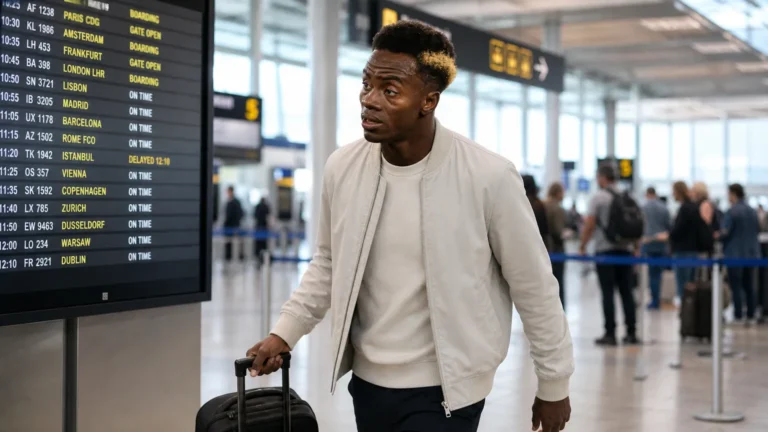 Simon Adingra zichtbaar in een luchthavenhal tijdens zijn reis naar Amsterdam.