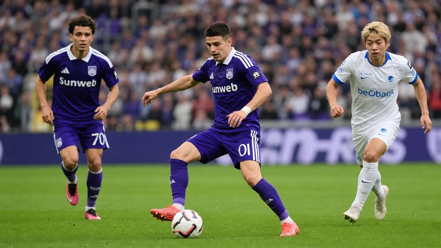 Anderlecht-spelers in paarse tenues tijdens een voetbalactie op het veld.
