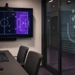 Een onbezette videoanalysesruimte van RSC Anderlecht met een tactisch scherm en een embleem op de glazen wand.