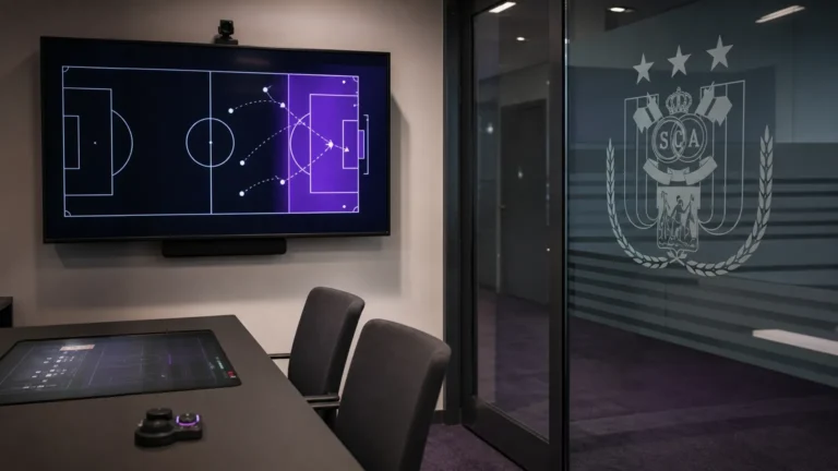 Een onbezette videoanalysesruimte van RSC Anderlecht met een tactisch scherm en een embleem op de glazen wand.