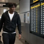 Gabriel Jesus David in neutrale sportkleding in een vertrekhal van een luchthaven.