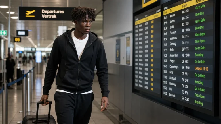 Gabriel Jesus David in neutrale sportkleding in een vertrekhal van een luchthaven.