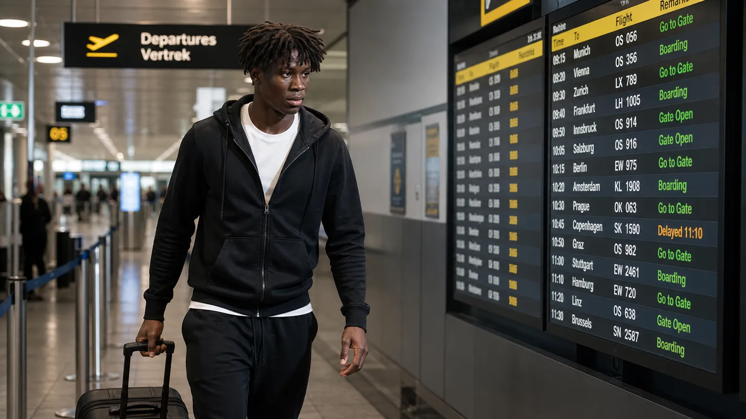 Gabriel Jesus David in neutrale sportkleding in een vertrekhal van een luchthaven.