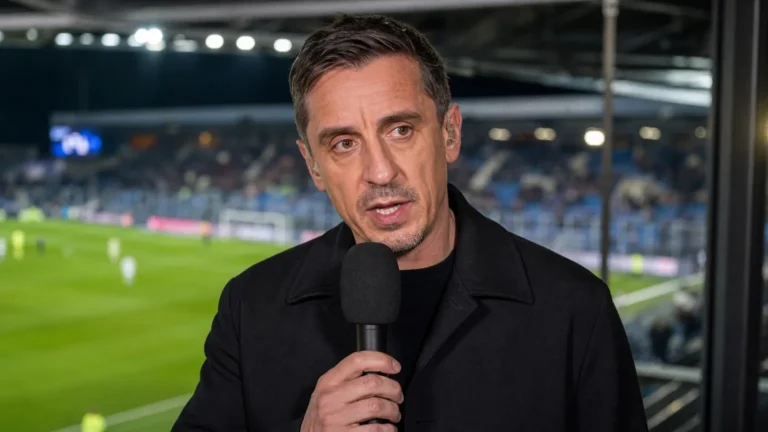 Gary Neville spreekt aan een microfoon bij een overdekte televisiestand langs het veld.