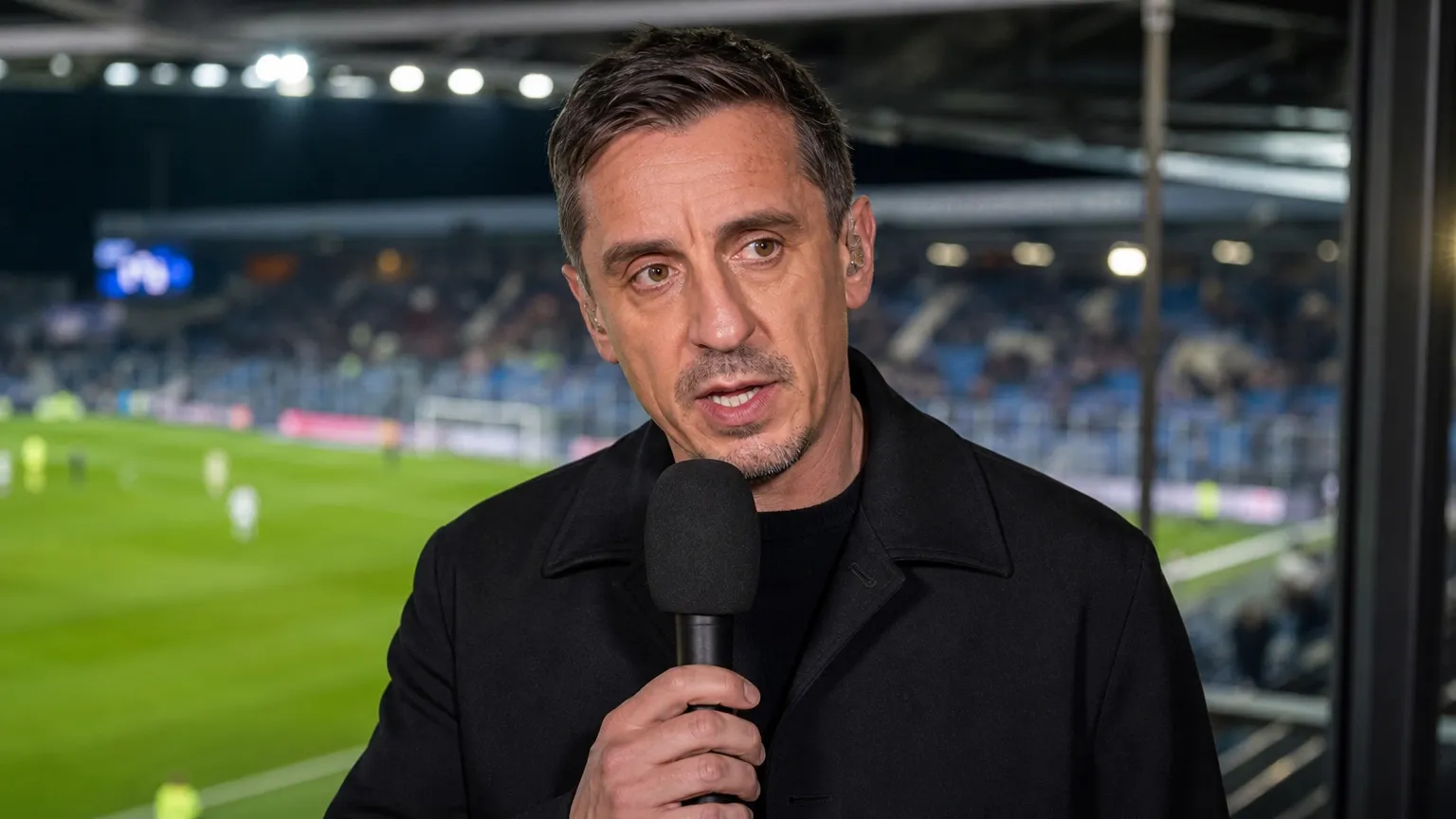Gary Neville spreekt aan een microfoon bij een overdekte televisiestand langs het veld.